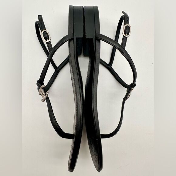 CHANEL CC Silver Logo Black Leather Thong T - Strap Sandals Flats EU 37 US 6-6.5 - Picture 7 of 14